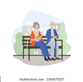 Old Couple Sitting On The Bench Together. Senior Man And Woman In The Park. Two Elder Person. Isolated Vector Illustration In Cartoon Style