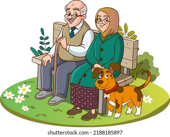 
old couple sitting on bench vector illustration