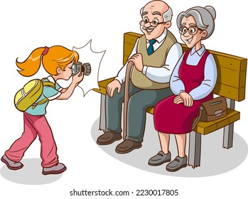 old couple sitting on bench and photographer girl child