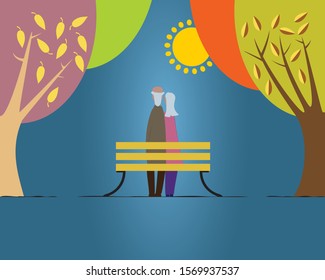 Old couple sitting on a wooden bench autumn sunny day in park illustration. Grandfather and grandmother have nice day in autumn park.  Elderly couple sitting under autumn trees vector, flat style.