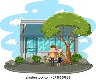 Old couple sitting in the park isolated illustration