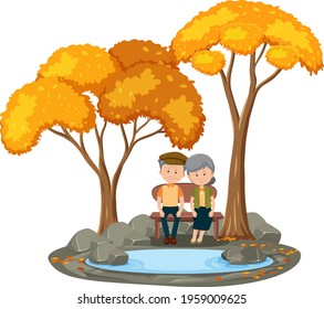 Old couple sitting in the park with many autumn tree illustration