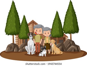 Old couple sitting in the park with their pet isolated illustration