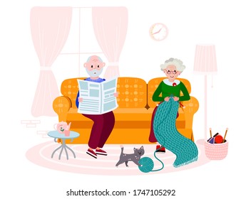 Old Couple Sitting In Room, Family Time. Senior Woman Is Knitting Quilt Of Yard. Happy Aged Man Is Reading News Paper. Wife And Husband Has Relaxation Hobby. 