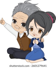 Old Couple Sitting Together Chibi Character Vector