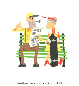 Old Couple With Skateboard Cute Cartoon Style Isolated Flat Vector Illustration On White Background