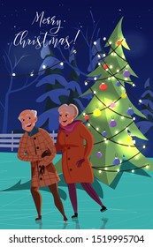 Old Couple Skating Flat Vector Illustration. Old Husband And Wife Cartoon Characters. Happy Seniors, Married Pair On Ice Rink With Christmas Tree. Holiday Atmosphere, Fir Tree Decorated With Garland