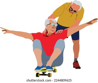 Old couple skating and have fun together. Grandmother sat on the skate board while grandfather pushed from behind, joyful life isolated on transparent background