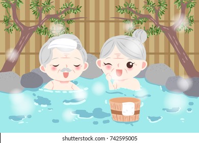 Old Couple Smile And Enjoy With Hot Spring