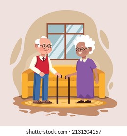 old couple with sofa characters