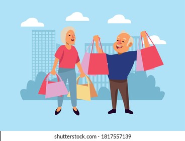 old couple with sopping bags on the city active seniors characters vector illustration design