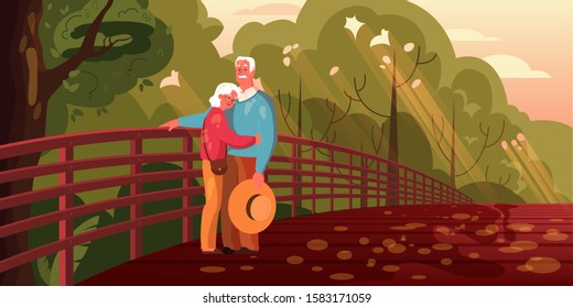 Old couple spend time together. Woman and man on retirement. Happy grandfather and grandmother walk in the park. Vector illustration in cartoon style