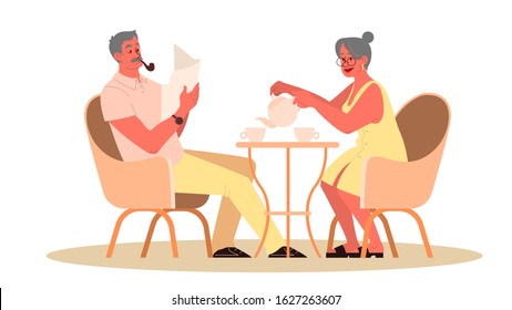 Old couple spend time together. Woman and man on retirement. Happy grandfather and grandmother dink tea at home. Old man smoking a pipe and read a newspaper. Vector illustration in cartoon style