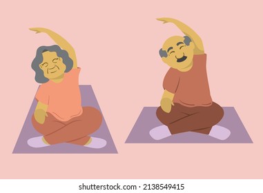 Old couple spending time together. vector illustration. Physical exercise.Healthy lifestyle.  old people doing yoga at home cartoon characters. Healthy lifestyle. . old men doing yoga at home cartoon 