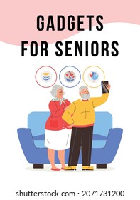 Old Couple Standing At Home Near Couch With Gadget In Hands. Elder Man Using Tablet, Senior Woman Standing Behind Him Looking Up At Phone. Grandpa And Grandma Use Technology Vector Illustration.