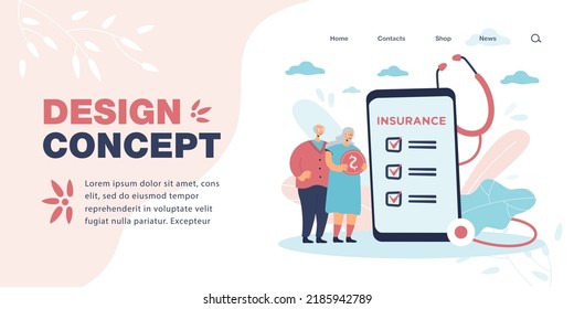 Old Couple Standing Next To Big Phone With Medical Insurance. Pensioner With Gold Coin, Checklist On Screen Flat Vector Illustration. Elderly Care, Medicine, Health, Technology Concept For Banner