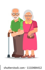 Old couple standing together. Elderly woman holds her husband arm. Vector flat illustration. Aged man leans on stick. Happy smiling senior people in retirement. Long married life concept