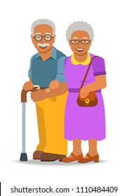 Old couple stands together. Elderly African American woman holds her husband arm. Vector flat illustration. Black aged man leans on stick. Happy smiling senior people in retirement. Long married life