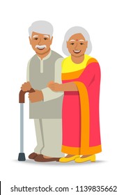 Old couple stands together. Elderly Indian woman in sari holds her husband arm. Vector flat illustration. Aged man leans on stick. Happy smiling senior people in retirement. Long married life concept