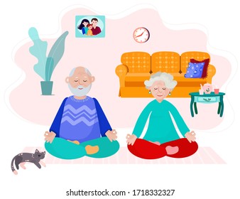 Old couple stay home and do yoga. Elder man and woman meditate in room. Grandparents do exercise together. Grandmother and grandfather work on mindfulness in cozy interior.