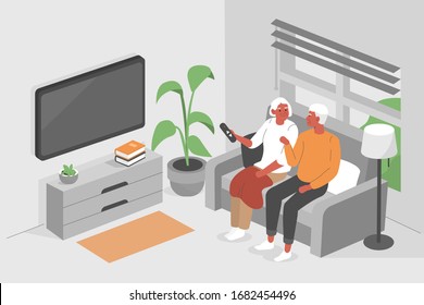 Old Couple Stay At Home. Senior Man And Woman Sitting On Sofa And Watching TV Together. Pensioners At Retirement Home. Elderly People Lifestyle. Flat Isometric Vector Illustration.