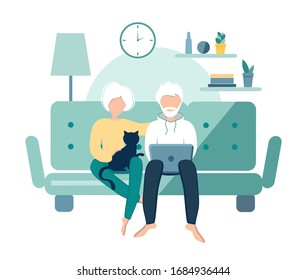 Old Couple Stay At Home. Senior Man And Woman Sitting On Sofa With Laptop. Pensioners With Cat. Elderly People During Coronavirus Outbreak Concept. Vector Illustration In Flat Style