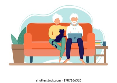 Old Couple Stay At Home. Senior Man And Woman Sitting On Sofa With Laptop. Pensioners With Cat. Elderly People During Coronavirus Outbreak Concept. Vector Illustration In Flat Style