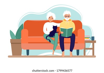 Old Couple Stay At Home. Senior Man And Woman Sitting On The Sofa And Reading A Book. Pensioners With Cat. International Day Of Older Persons. Vector Illustration In Flat Style