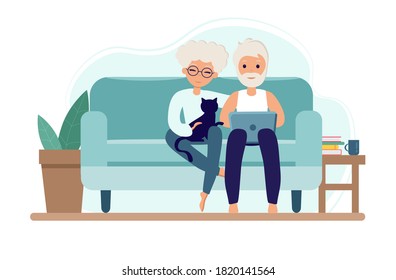 Old couple Stay at home. Senior Man and woman sitting on sofa with laptop. Pensioners with cat. Elderly people during coronavirus outbreak concept. Vector Illustration in flat style