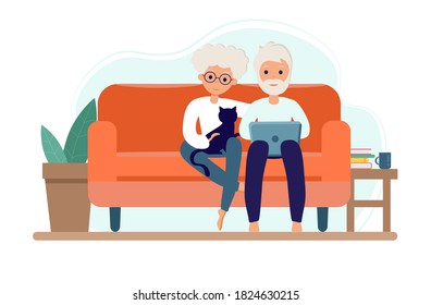 Vieja pareja se queda en casa. Hombre mayor y mujer sentados en un sofá con portátil. Pensionistas con gato. Personas mayores durante el concepto de brote de coronavirus. Ilustración vectorial en estilo plano