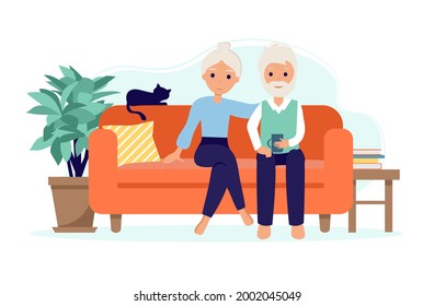 Old couple Stay at home. Senior Man and woman sitting on sofa with cup. Pensioners with cat. Elderly people during coronavirus outbreak concept. Vector illustration in flat style
