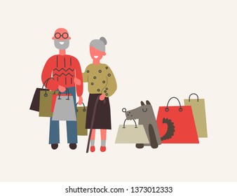 Old couple at store with shopping bags vector illustration