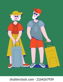 Old Couple Summer Holiday. Elderly Man And Woman Traveling Together With Suitcases. Old Tourist. Family With Bags Going From Airport