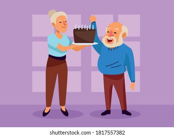 old couple with sweet cake active seniors characters vector illustration design