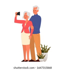 Old couple taking selfie together. Elderly characters taking photo of themselves. Old people lifestyle concept. Seniors having an active social life. Isolated vector illustration in cartoon style