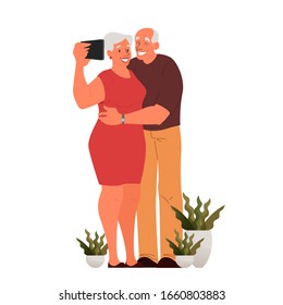 Old couple taking selfie together. Elderly characters taking photo of themselves. Old people lifestyle concept. Seniors having an active social life. Isolated vector illustration in cartoon style