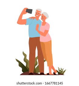 Old couple taking selfie together. Elderly characters taking photo of themselves. Old people lifestyle concept. Seniors having an active social life. Isolated vector illustration in cartoon style