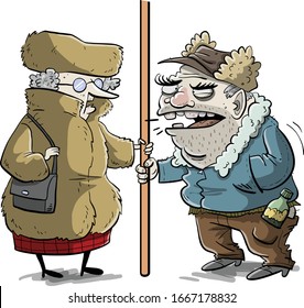 Old couple talking in the subway