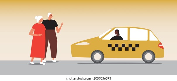 Old couple at the taxi, taxi order. Flat vector stock illustration. Taxi driver. A man and a woman by the car. Date of an elderly couple. Transportation service. Vector graphics