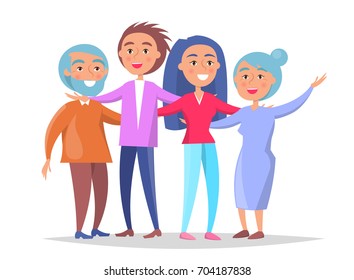 Old couple and their adult children having fun together, two generations cartoon characters vector illustration isolated on white background