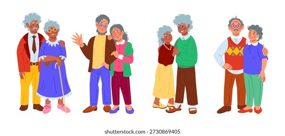 Old couple together. Elderly man, woman standing. Happy grandfather hugging grandmother. Senior people smiling. Aged husband and wife. cartoon flat style characters tidy pensioners isolated set