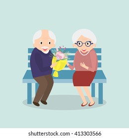 Old couple together. Seniors happy leisure. Grandpa and grandma sitting on the bench. Vector illustration