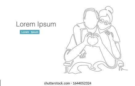 old couple together single continuous line drawing illustration on white background