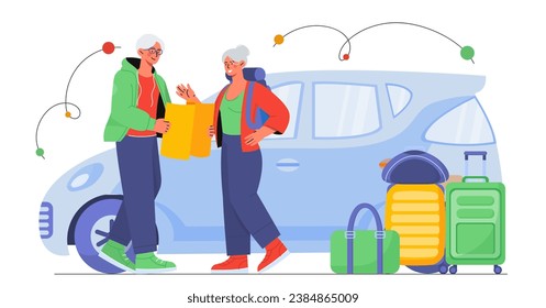 Old couple travel by car concept. Elderly man and woman near automobile and transport. Pensioners with baggage and luggage. Cartoon flat vector illustration isolated on white background