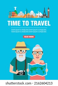 Old couple in travel. Journey of grandparents concept design flat banner. Vector illustration