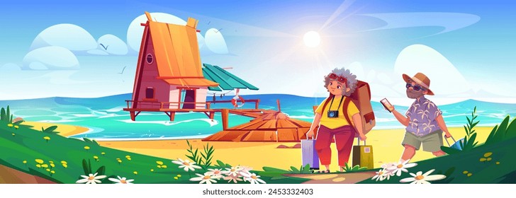 Old couple travel on summer for beach vacation with suitcase vector. Elderly retirement woman and man on ocean resort concept. Grandparents tourist with bag, sunglasses and hat on holiday illustration