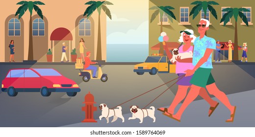 Old couple travel together. Woman and man on retirement. Happy grandfather and grandmother walking dog. Vector illustration in cartoon style