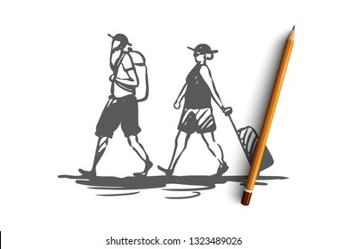 Old, couple, travel, trip, luggage concept. Hand drawn old couple travel with luggage concept sketch. Isolated vector illustration.