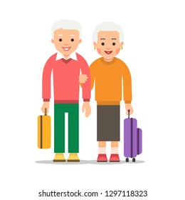 Old couple travel. Two aged people stand with bags and suitcases. Elderly man and woman stand together. Happy family concept. Illustration isolated on white background in flat style.