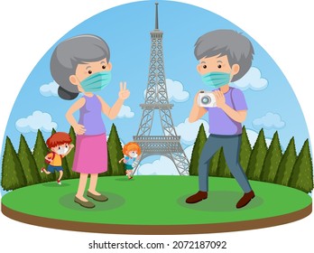 Old Couple Travelling In Paris During Covid-19 Pandemic Illustration